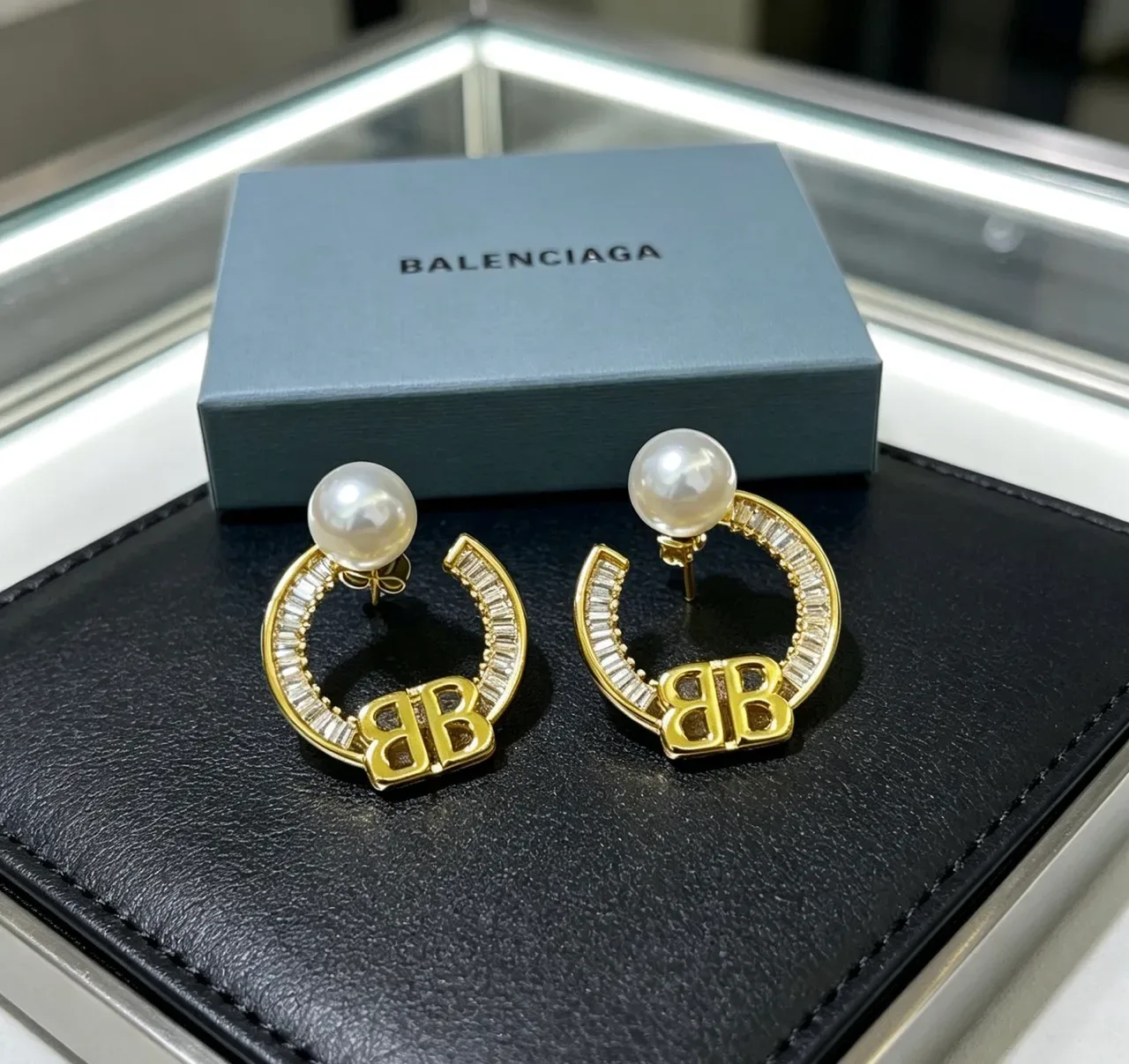 Balenciaga BB Hoop Pearl and Crystal Earrings 9