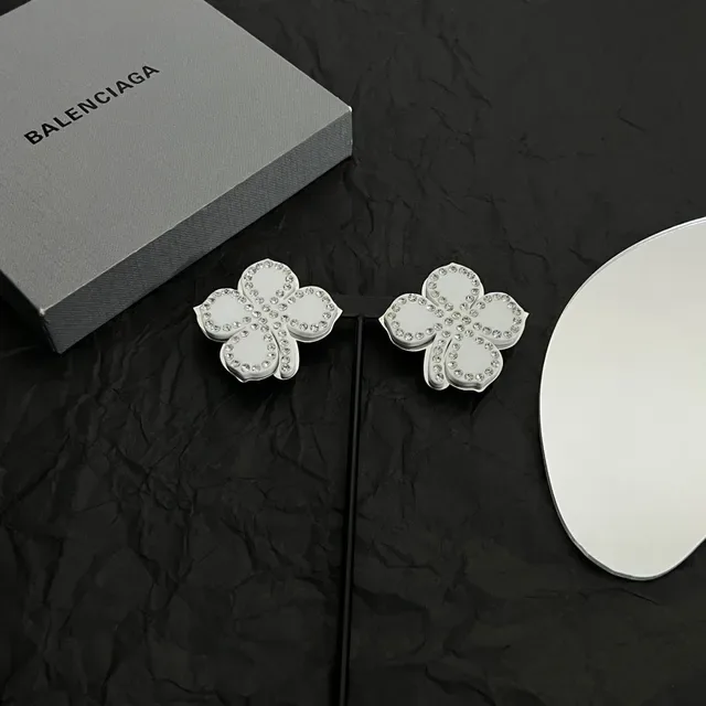 Balenciaga Flower Silver White Crystal-Embellished Earrings 2