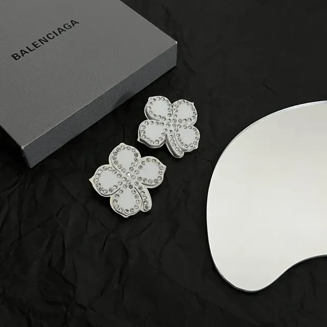 Balenciaga Flower Silver White Crystal-Embellished Earrings 3