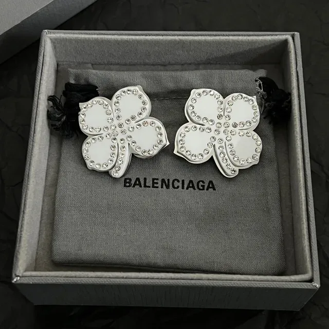 Balenciaga Flower Silver White Crystal-Embellished Earrings 5