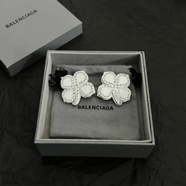 Balenciaga Flower Silver White Crystal-Embellished Earrings 6