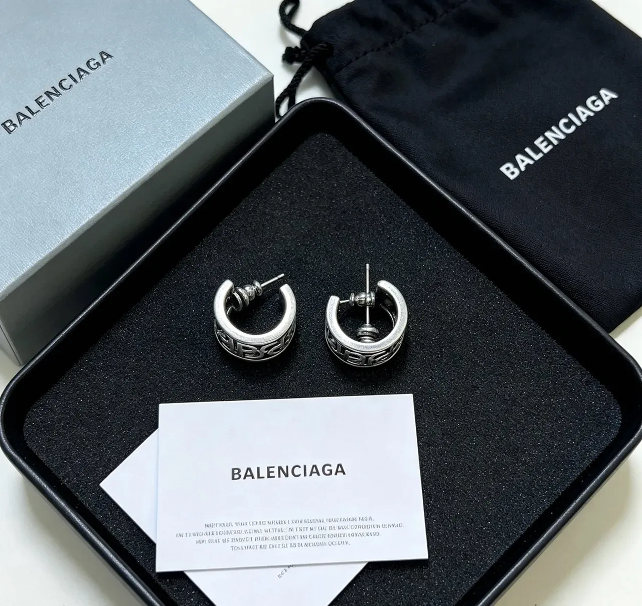 Balenciaga Logo-Integrated Hoop Silver Black Metallic Earrings 2