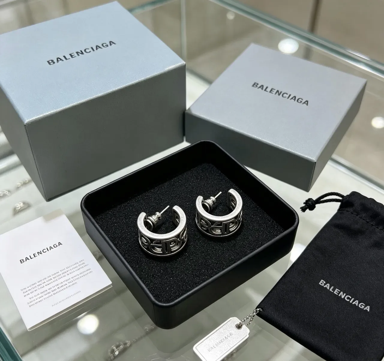 Balenciaga Logo-Integrated Hoop Silver Black Metallic Earrings 3
