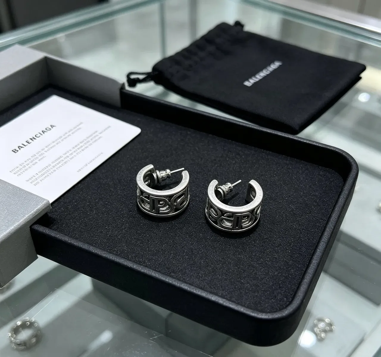 Balenciaga Logo-Integrated Hoop Silver Black Metallic Earrings 4