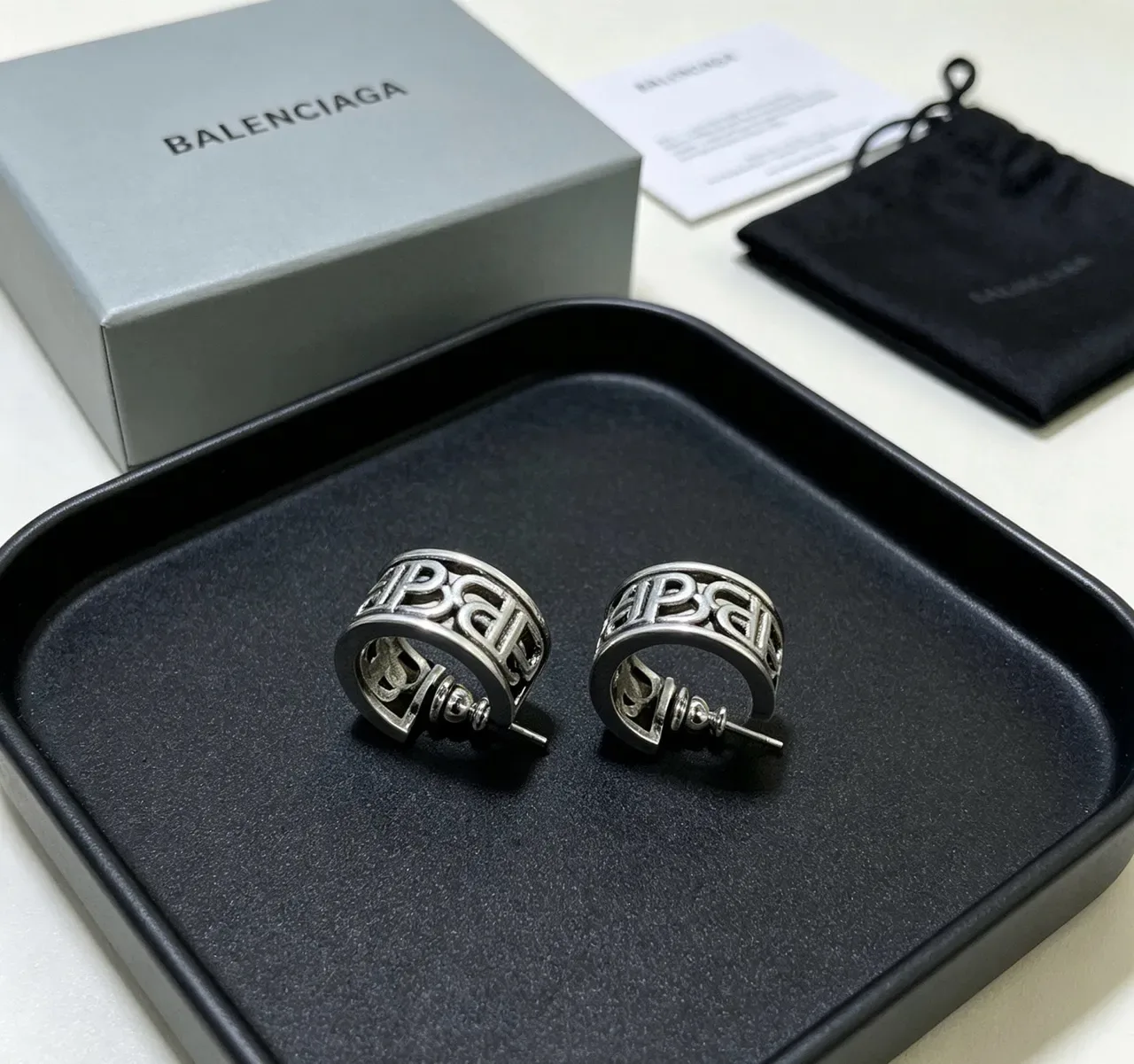 Balenciaga Logo-Integrated Hoop Silver Black Metallic Earrings 5