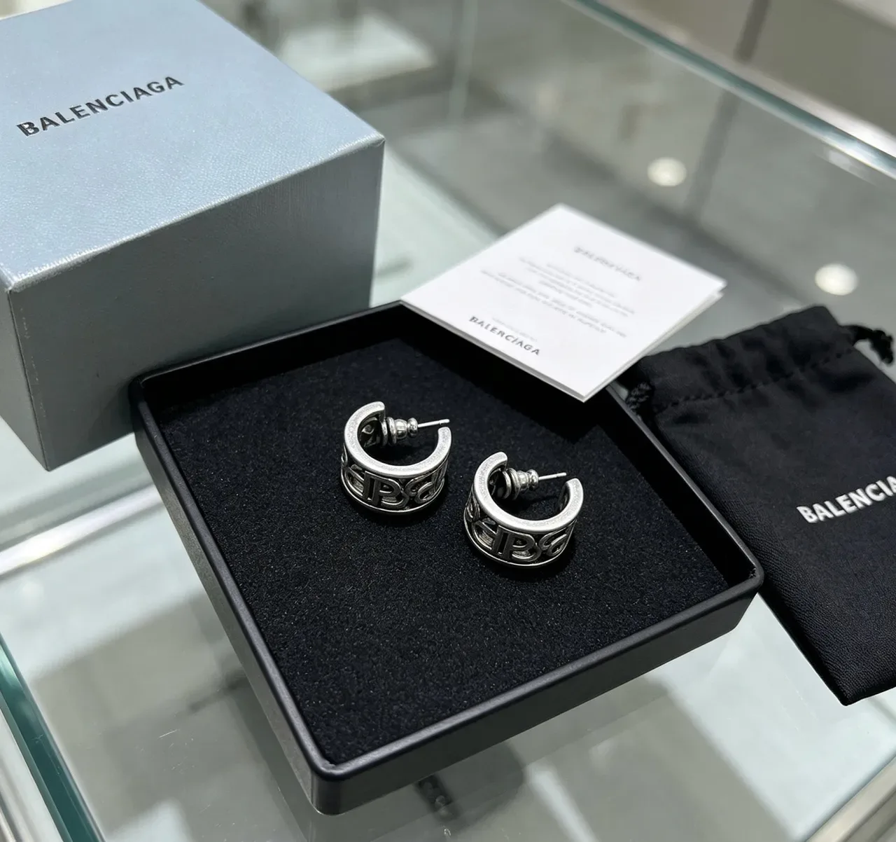Balenciaga Logo-Integrated Hoop Silver Black Metallic Earrings 6