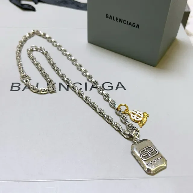 Balenciaga Multi-Charm Necklace Silver Gold Chunky Link Chain Rectangular Engraved Pendant Necklace 5
