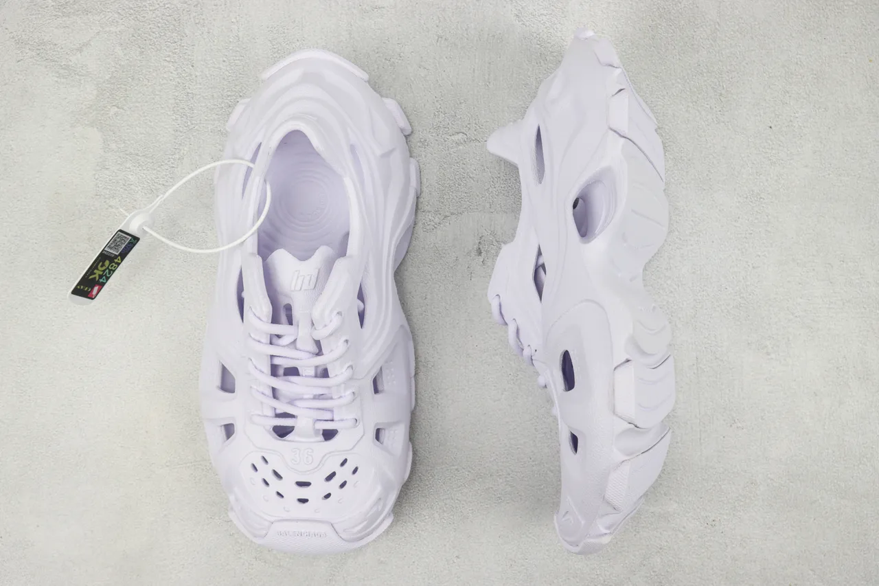 Balenciaga Runner أبيض بنفسجي بناء الرغوة الأحادية تفاصيل القطع غير المتكافئة أحذية رياضية كثيفة 3
