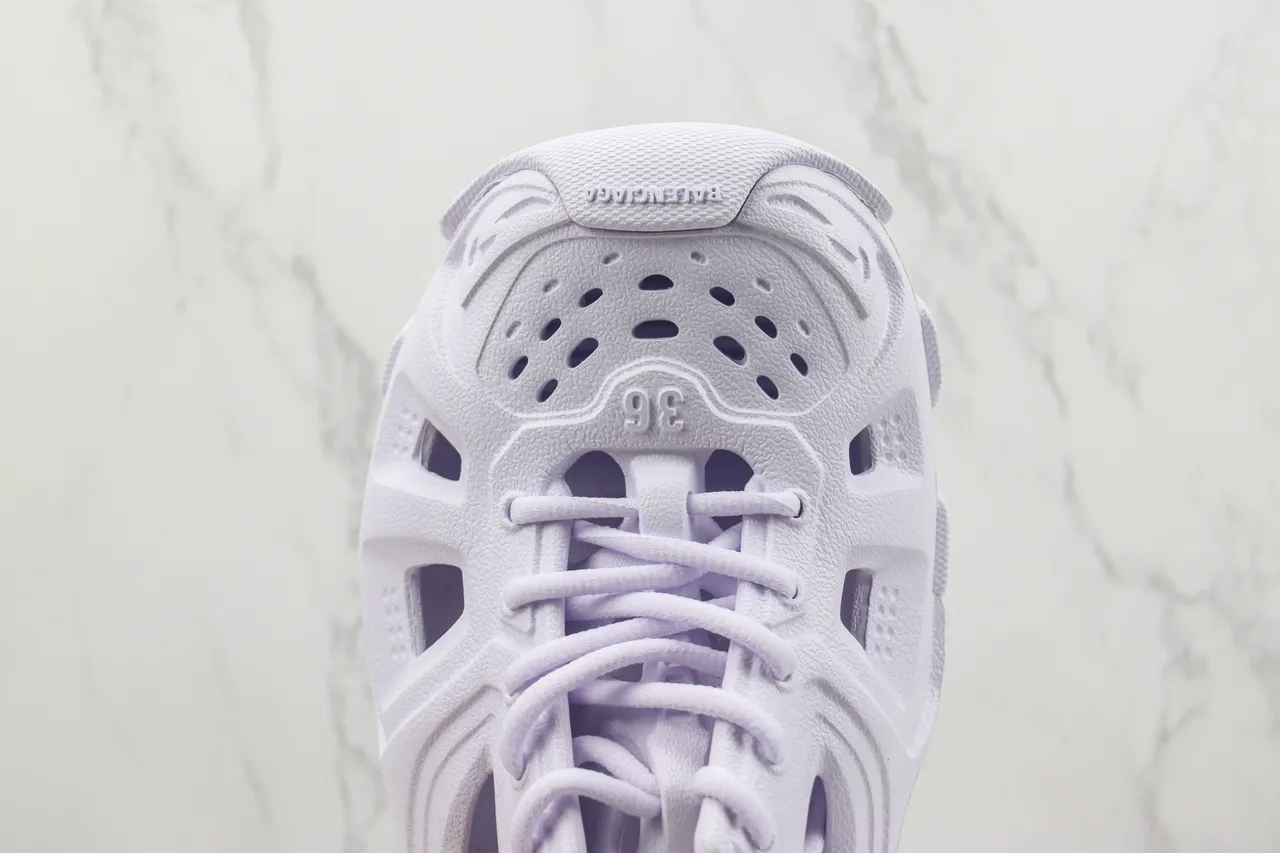 Balenciaga Runner أبيض بنفسجي بناء الرغوة الأحادية تفاصيل القطع غير المتكافئة أحذية رياضية كثيفة 6