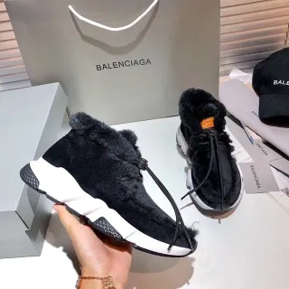 Balenciaga Speed Trainer Black Fuzzy Collar Chunky Sneakers