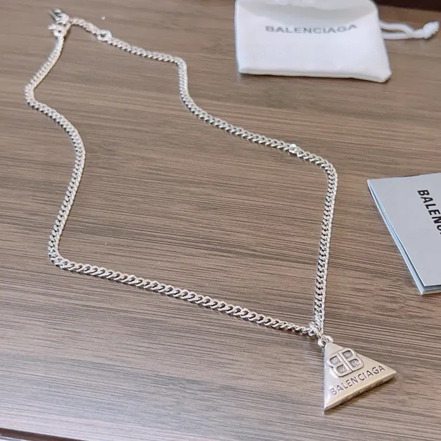 Balenciaga Triangle Pendant Silver Curb Chain Necklace 9