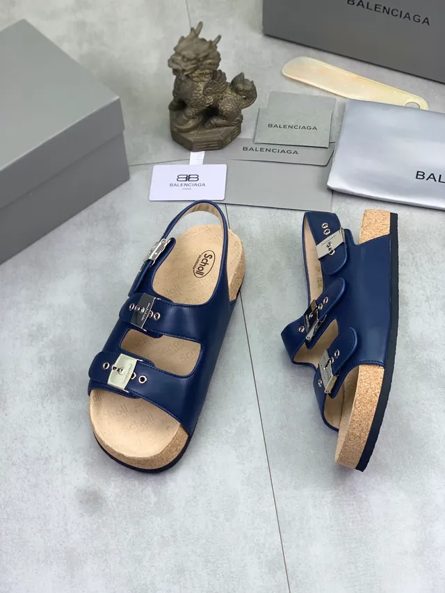 Balenciaga Sandales Casual en Cuir Navy Triple Boucle 5