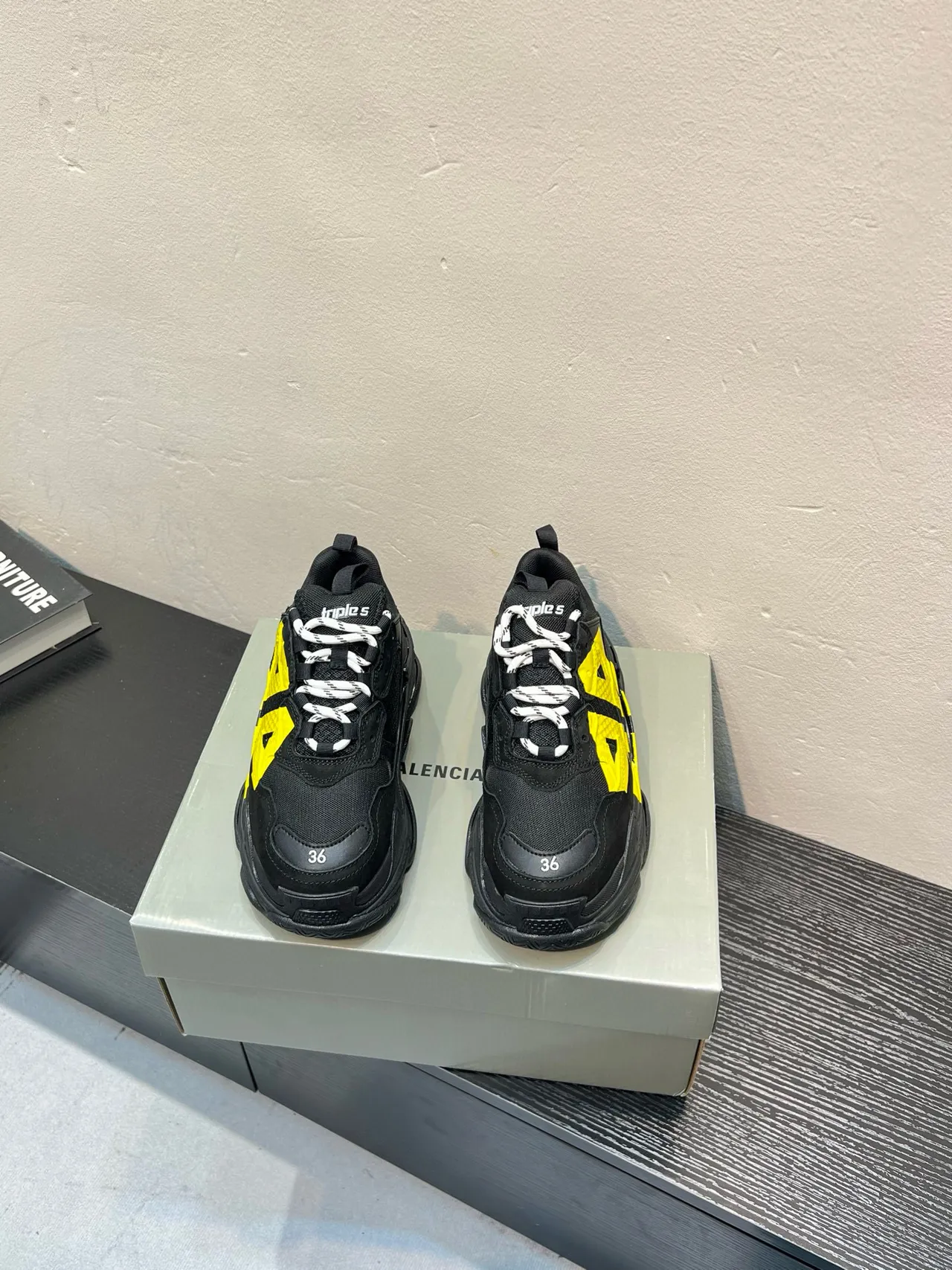Balenciaga Triple S Black and Yellow Chunky Sneakers 2
