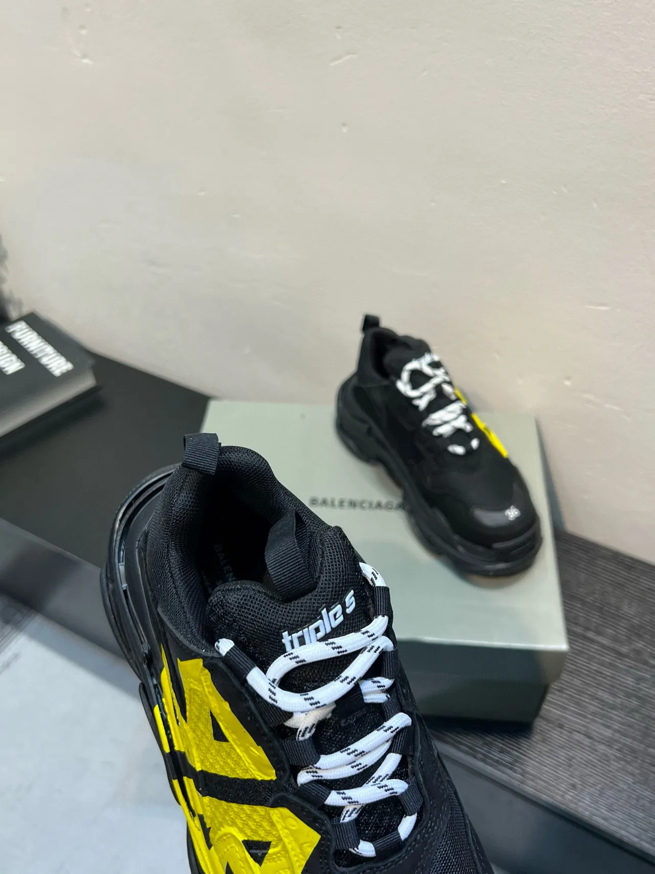 Balenciaga Triple S Black and Yellow Chunky Sneakers 6
