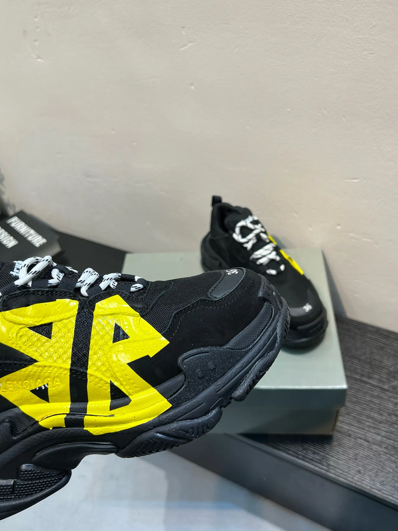 Balenciaga Triple S Black and Yellow Chunky Sneakers 7