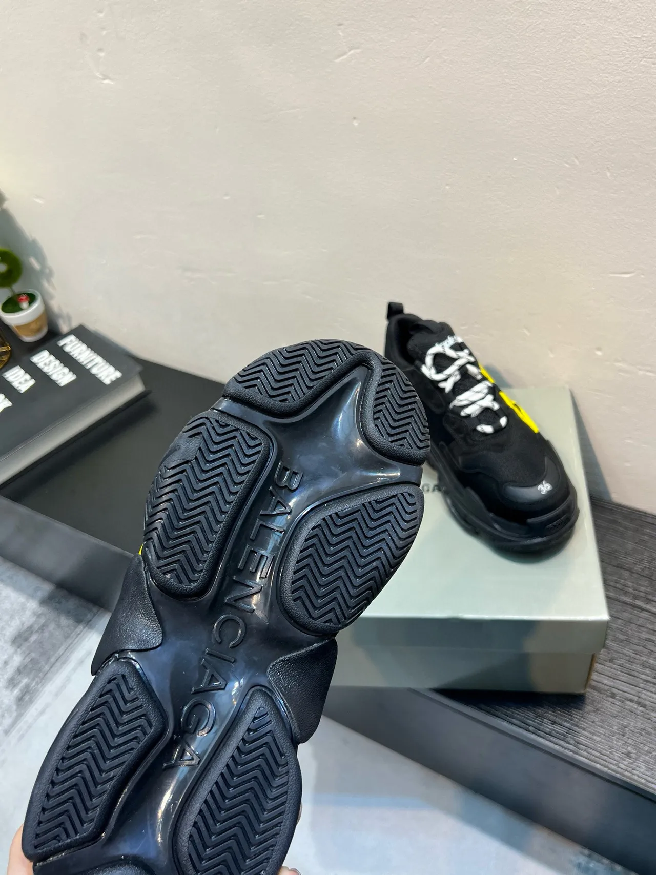 Balenciaga Triple S Black and Yellow Chunky Sneakers 9