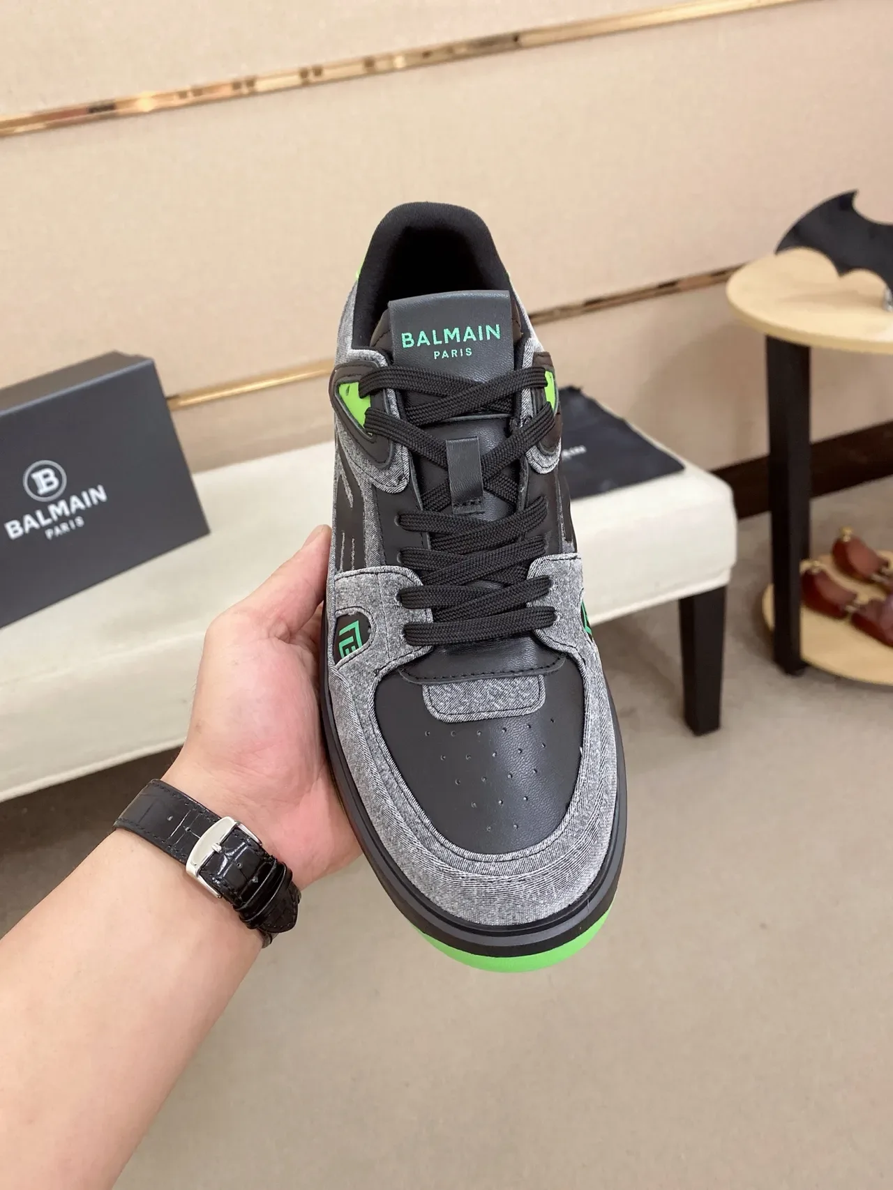 Balmain B-Court Gray Black Neon Green लाइफस्टाइल स्नीकर्स 5