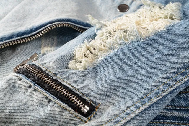 Balmain Blue Asymmetrical Zip Distressed Denim Jacket 6