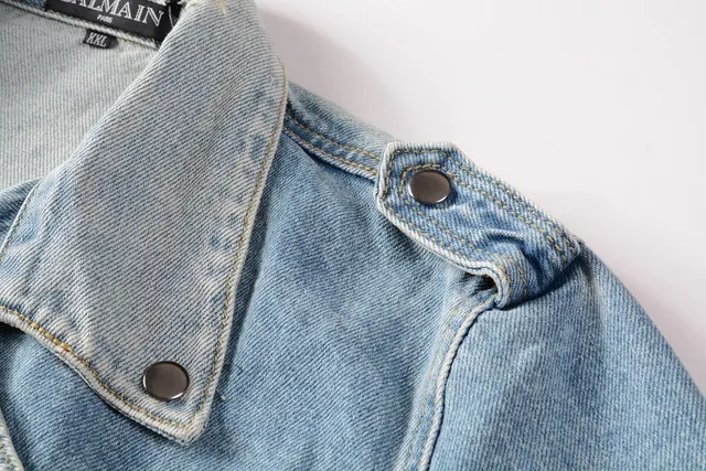 Balmain Blue Asymmetrical Zip Distressed Denim Jacket 11