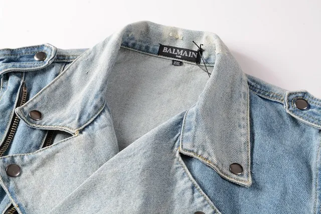 Balmain Blue Asymmetrical Zip Distressed Denim Jacket 12