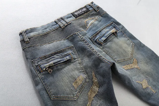 Balmain डिस्ट्रेस्ड बाइकर-स्टाइल नीली जींस 11