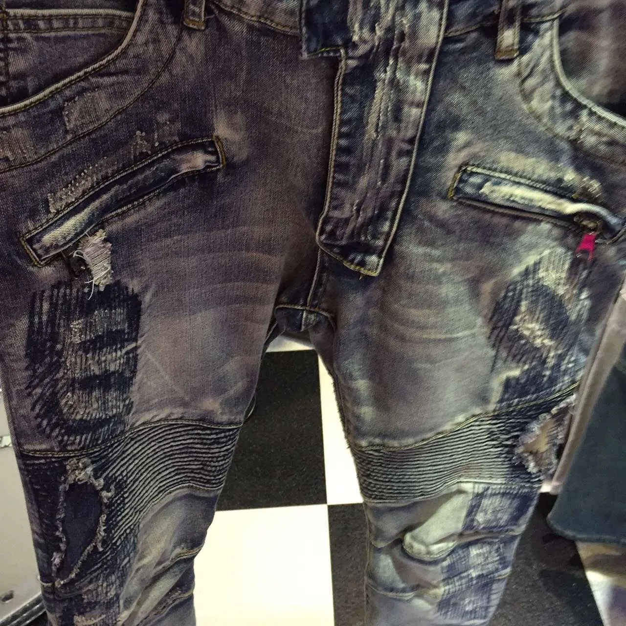 Balmain Distressed Moto-Style Slim-Fit Blue Jeans 10