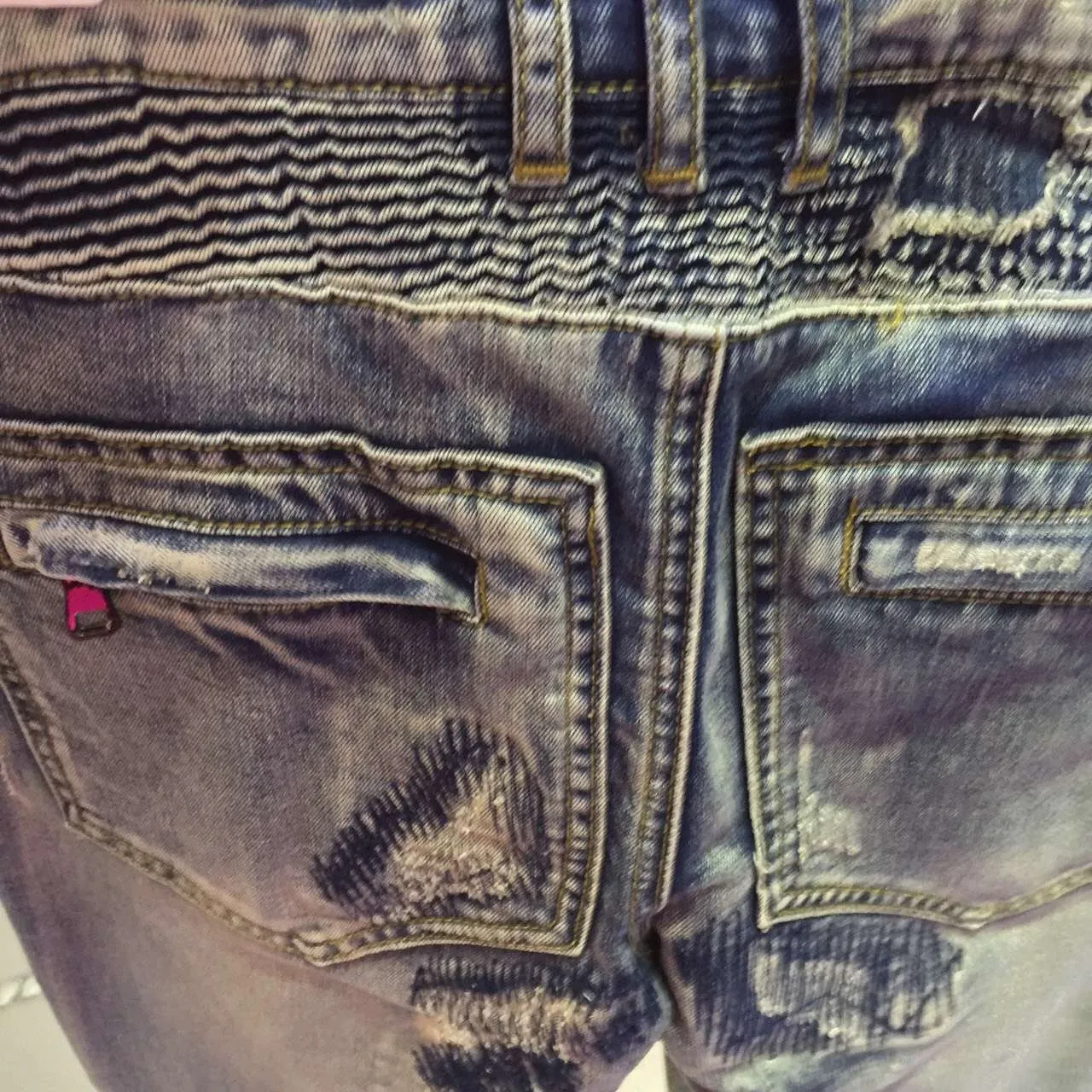 Balmain Distressed Moto-Style Slim-Fit Blue Jeans 18