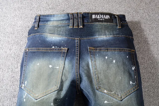 Balmain 摩托风格油漆喷溅破损修身牛仔裤 6