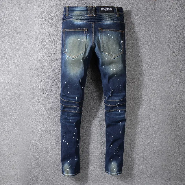 Balmain 摩托风格油漆喷溅破损修身牛仔裤 7