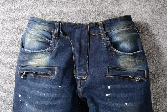 Balmain 摩托风格油漆喷溅破损修身牛仔裤 11