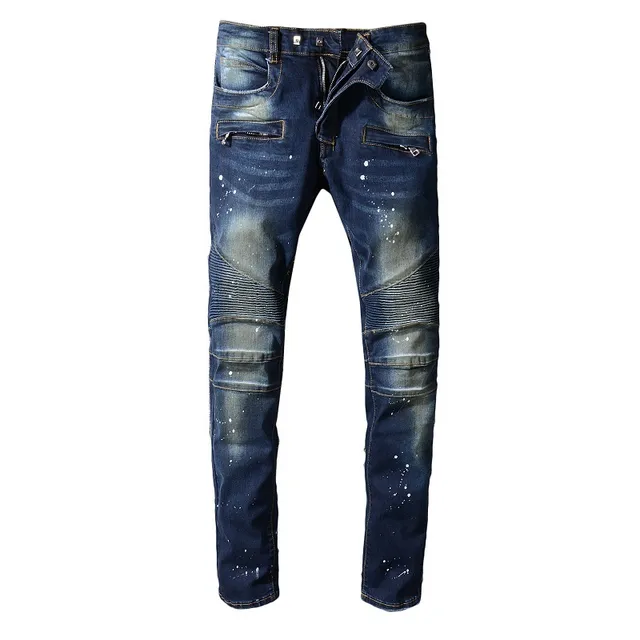 Balmain 摩托风格油漆喷溅破损修身牛仔裤 14