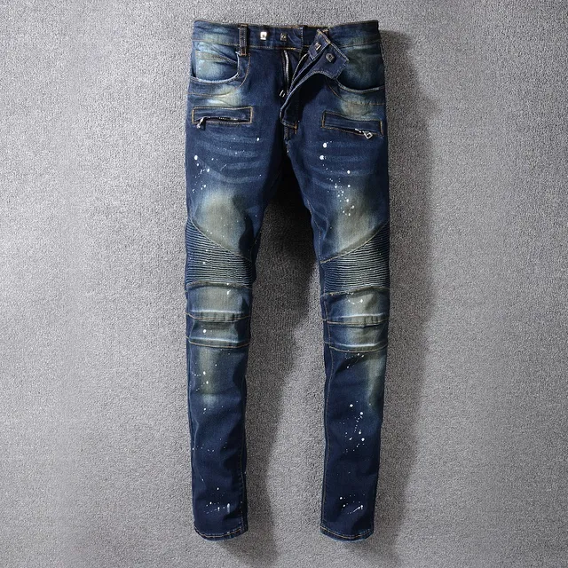 Balmain 摩托风格油漆喷溅破损修身牛仔裤 15