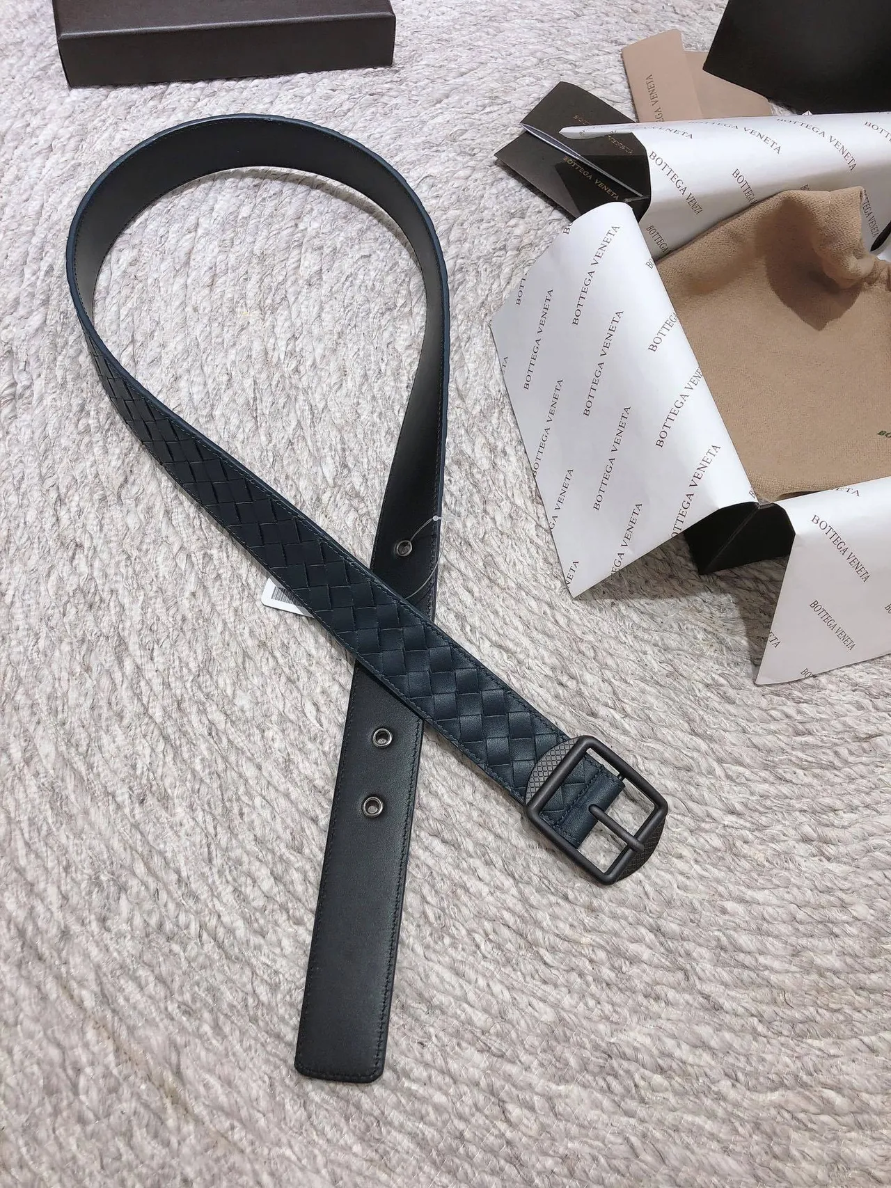 Bottega Veneta Intrecciato 腰带 蓝色 黑色 编织 哑光 长方形 扣环 皮革 腰带 5