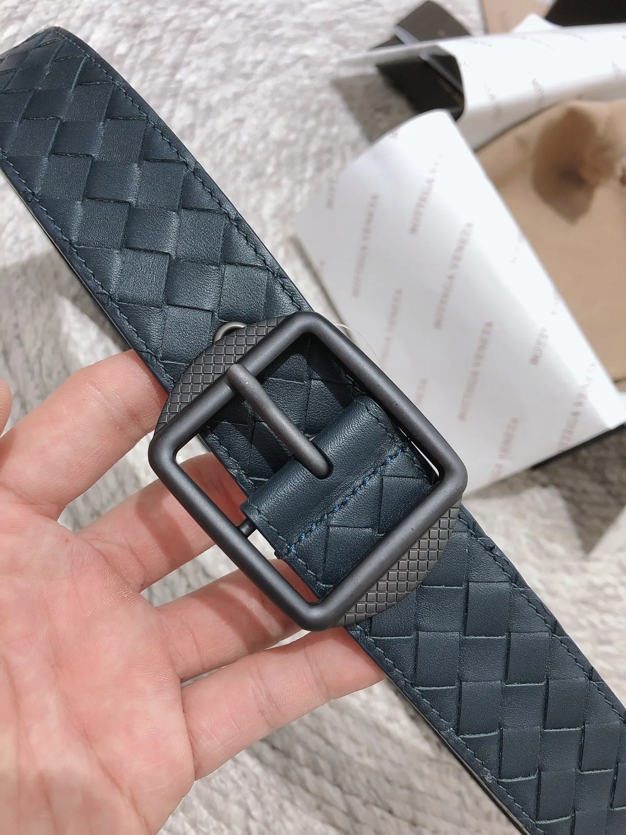 Bottega Veneta Intrecciato 腰带 蓝色 黑色 编织 哑光 长方形 扣环 皮革 腰带 7