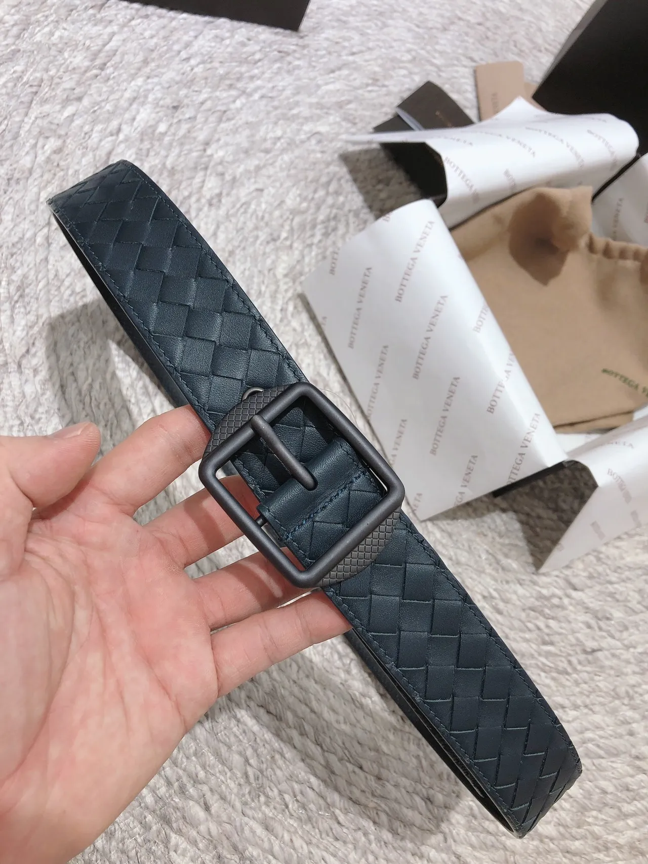 Bottega Veneta Intrecciato 腰带 蓝色 黑色 编织 哑光 长方形 扣环 皮革 腰带 8