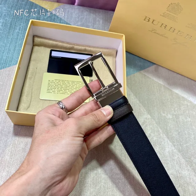 Burberry Black Brown Textured Grain Reversible Double-Prong Buckle Leather Belt 2