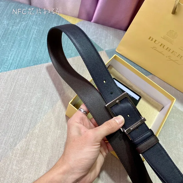 Burberry Black Brown Textured Grain Reversible Double-Prong Buckle Leather Belt 4