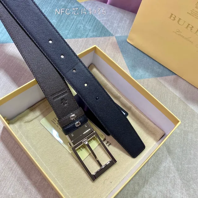 Burberry Black Brown Textured Grain Reversible Double-Prong Buckle Leather Belt 7