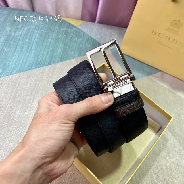 Burberry Black Brown Textured Grain Reversible Double-Prong Buckle Leather Belt 8