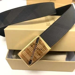 Burberry Black Gold Check-Patterned Strap Rectangular Buckle Leather Belt