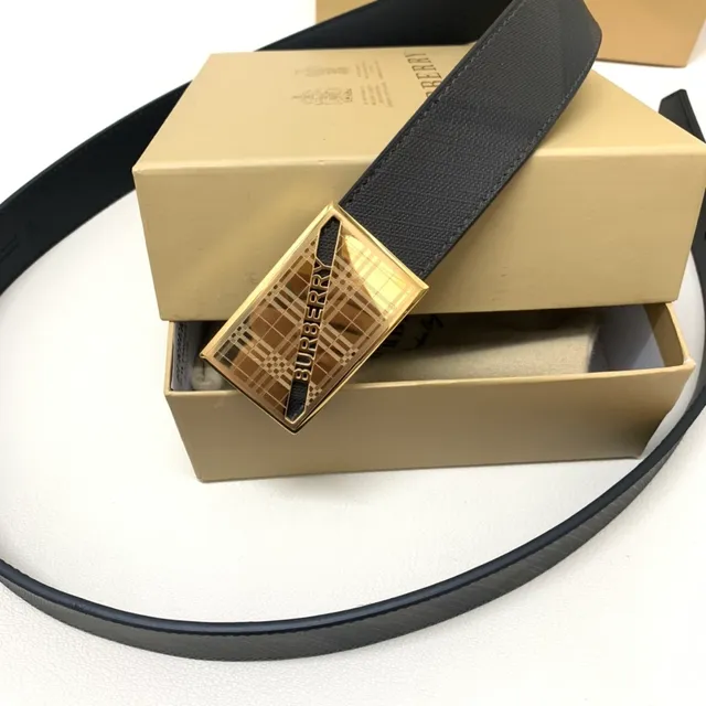 Burberry Black Gold Check-Patterned Strap Rectangular Buckle Leather Belt 2