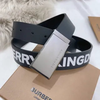 Burberry Noir Argent Logo-Print Sangle en Caoutchouc Boucle Rectangulaire en Métal Poli Ceinture en Cuir