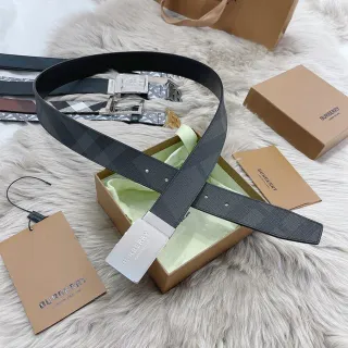 Burberry Black Silver Textured Woven Strap Rectangular Engraved Buckle Leather Belt