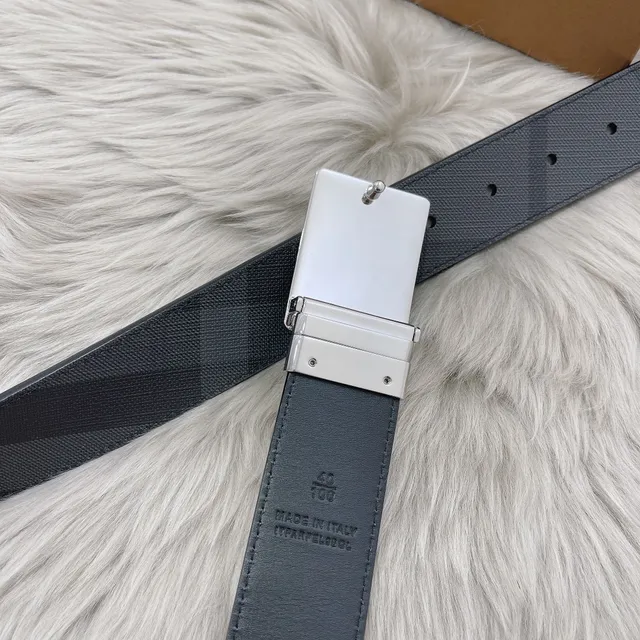 Burberry Black Silver Textured Woven Strap Rectangular Engraved Buckle Leather Belt 3