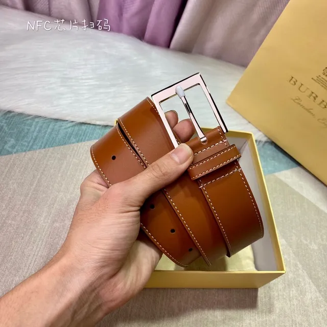 Burberry Brown Beige Smooth Tan White Contrast Stitching Leather Belt 2