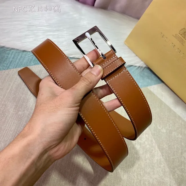 Burberry Brown Beige Smooth Tan White Contrast Stitching Leather Belt 3