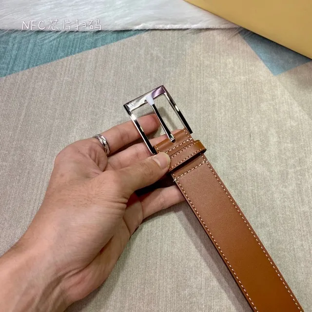 Burberry Brown Beige Smooth Tan White Contrast Stitching Leather Belt 4