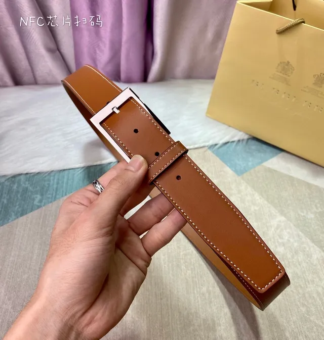 Burberry Brown Beige Smooth Tan White Contrast Stitching Leather Belt 5