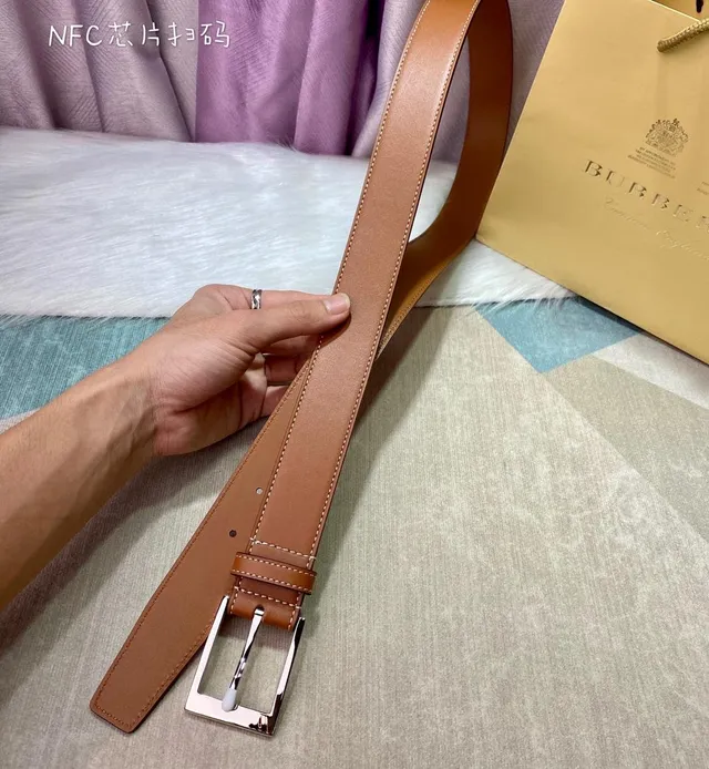 Burberry Brown Beige Smooth Tan White Contrast Stitching Leather Belt 7