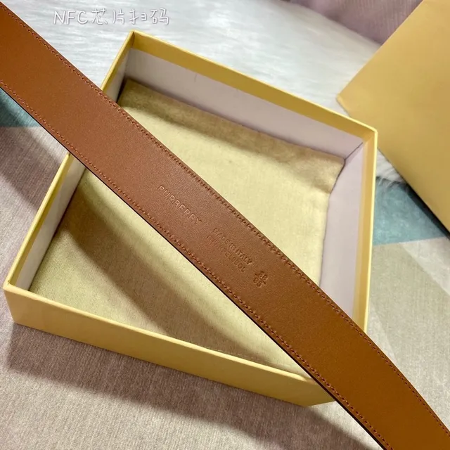 Burberry Brown Beige Smooth Tan White Contrast Stitching Leather Belt 8